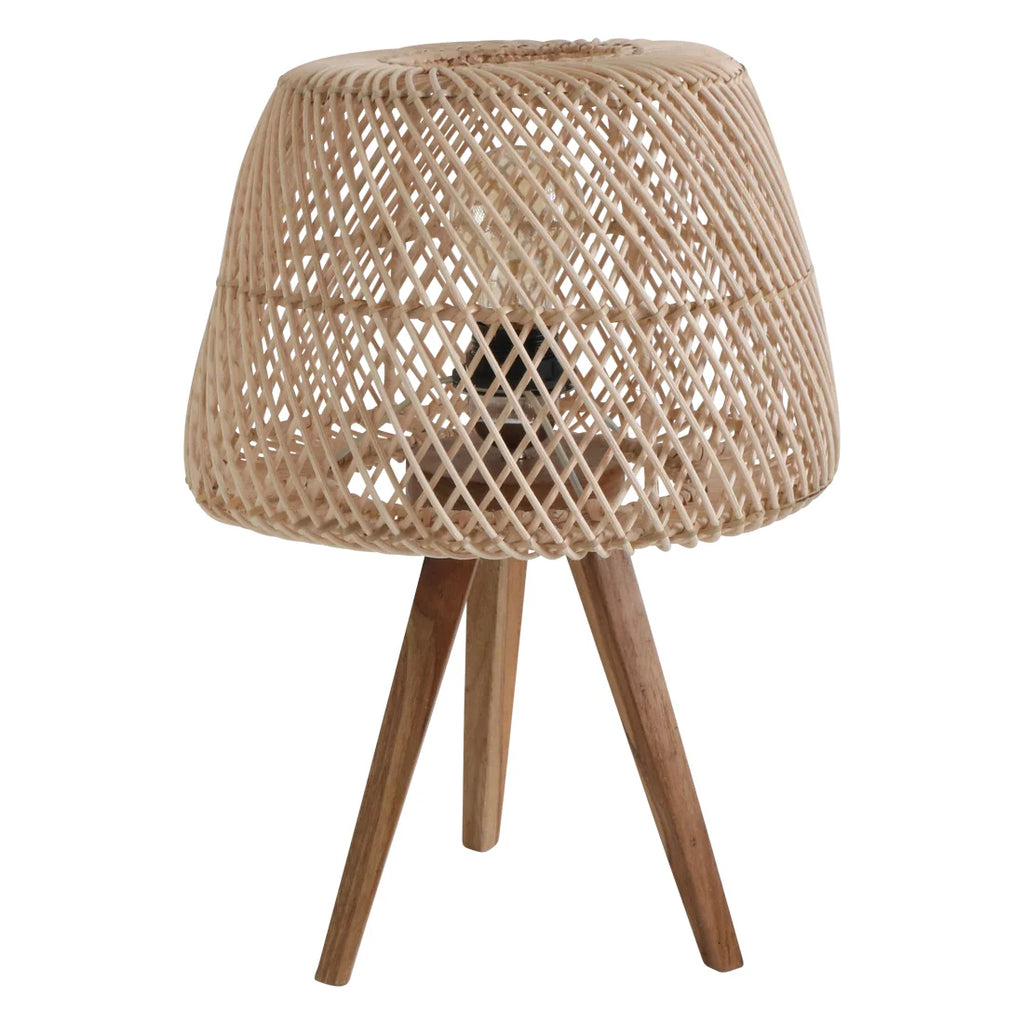 Lampe à poser en rotin naturel avec abat-jour ajouré trépied bois Ø29 cm