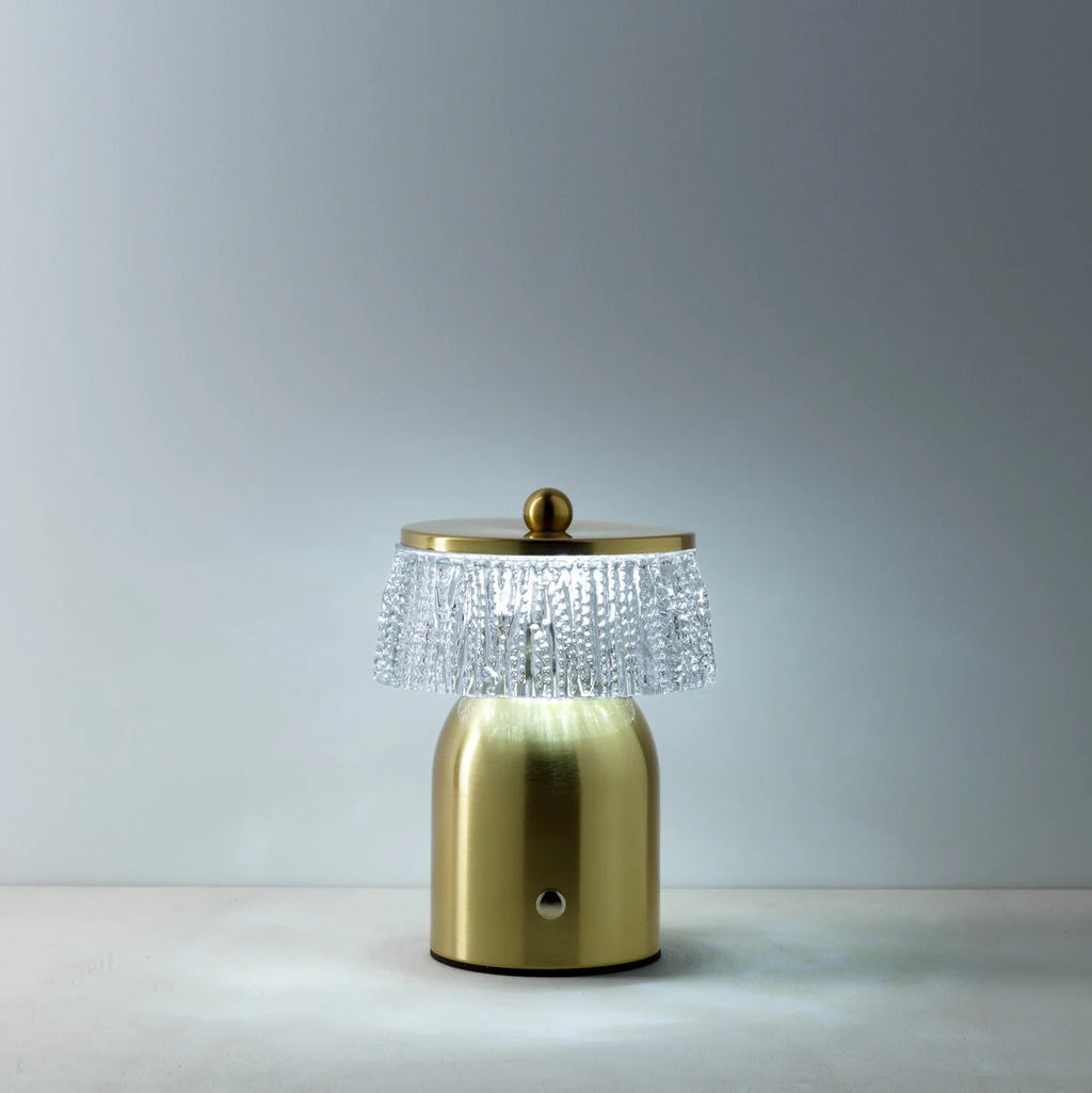 Lampe champignon en laiton brossé et verre strié, H16 cm, or ton, franges cristal