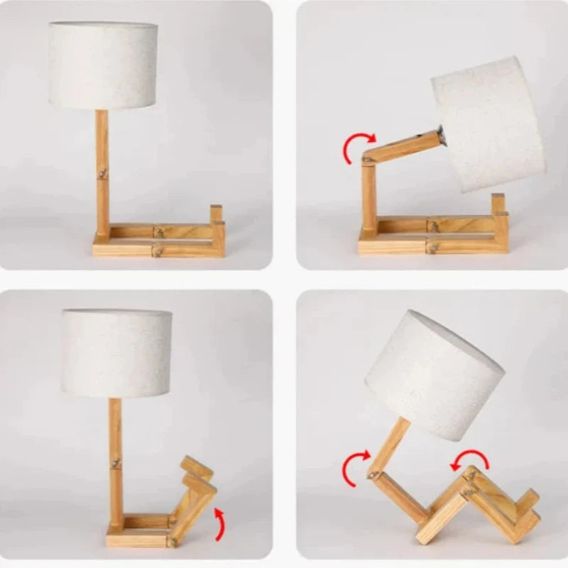 Lampe de chevet bonhomme en bois montrant sa flexibilité avec différentes positions