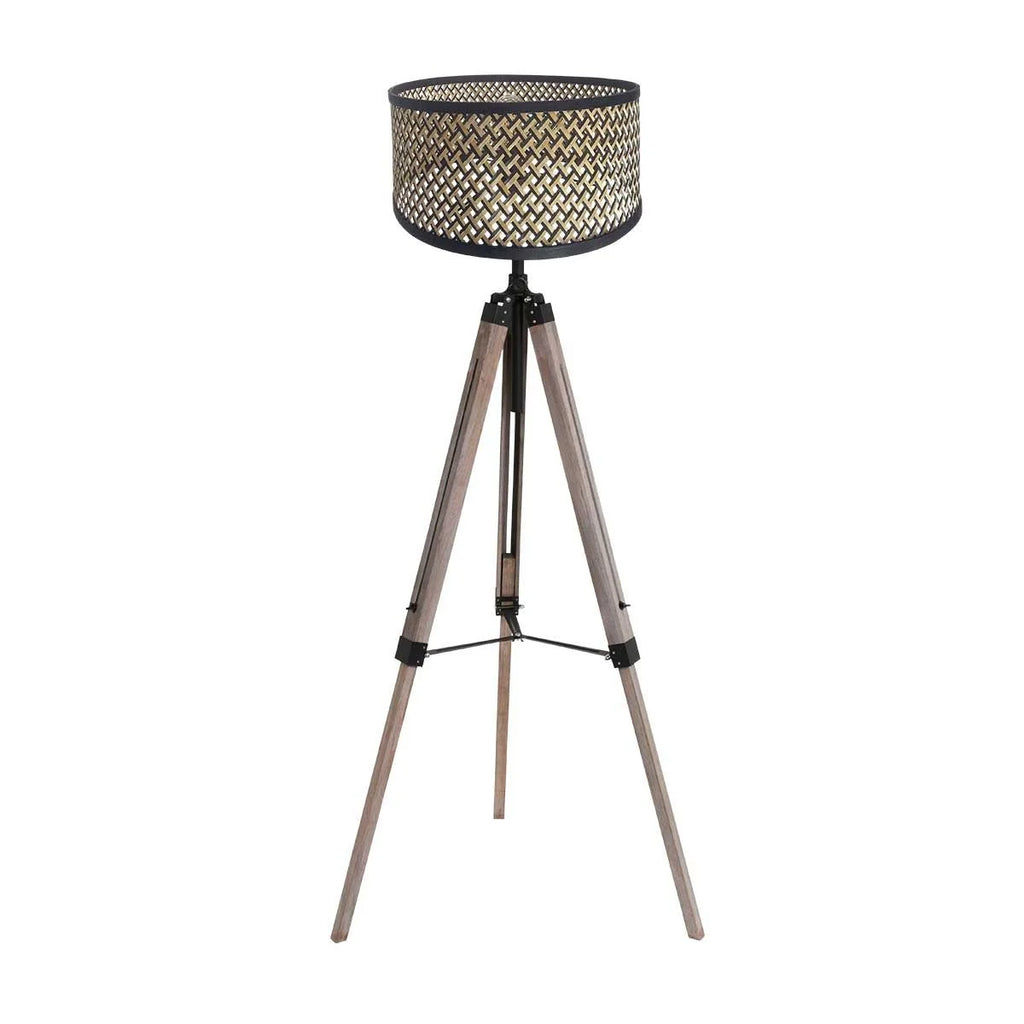 Lampe sur pied trépied en bois et métal avec abat-jour en bambou noir, H170 cm