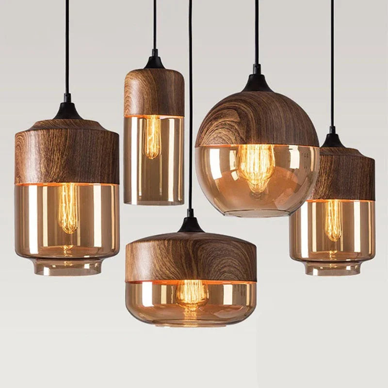 Lampe suspension bois et verre