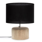 Lampe de table en teck avec abat-jour en coton noir et base cylindrique texturée