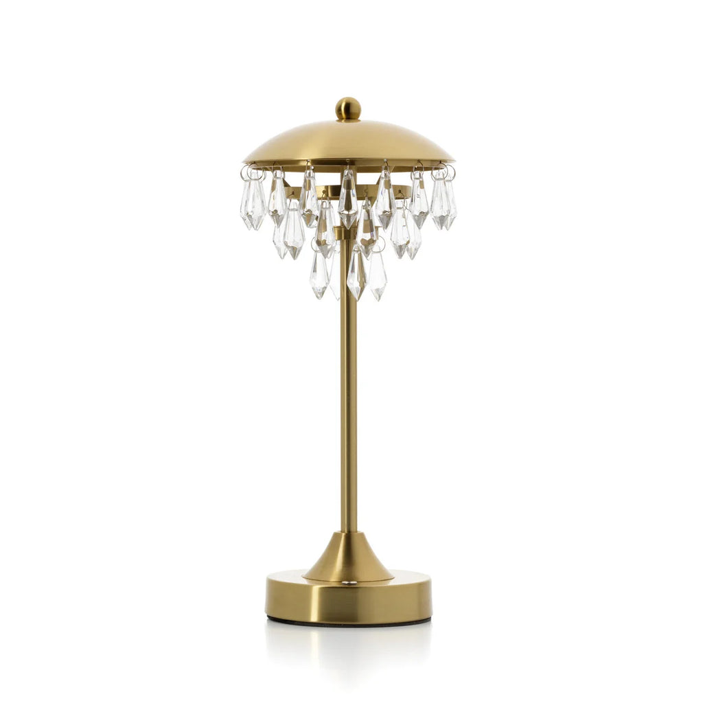 Lampe de table en laiton doré avec abat-jour dôme et pampilles en verre, H33 cm