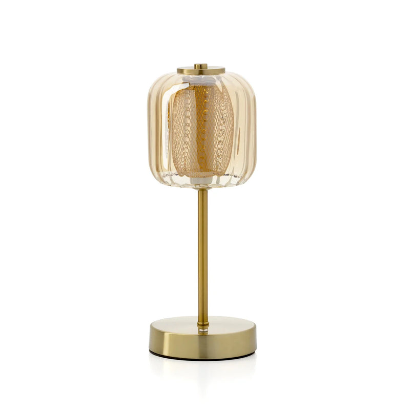 Lampe de table en laiton brossé et verre nervuré ambré – H32 cm