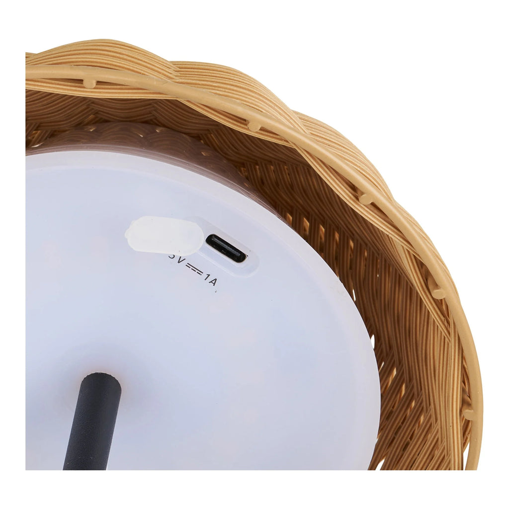 Lampe de table en rotin tressé naturel, pied métal noir H32 cm avec base USB-C