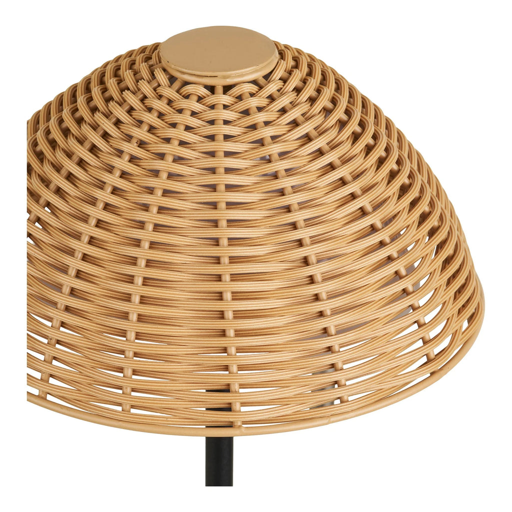 Abat-jour en rotin tressé naturel, finition beige clair et haut doré, lampe table H32 cm pied métal noir