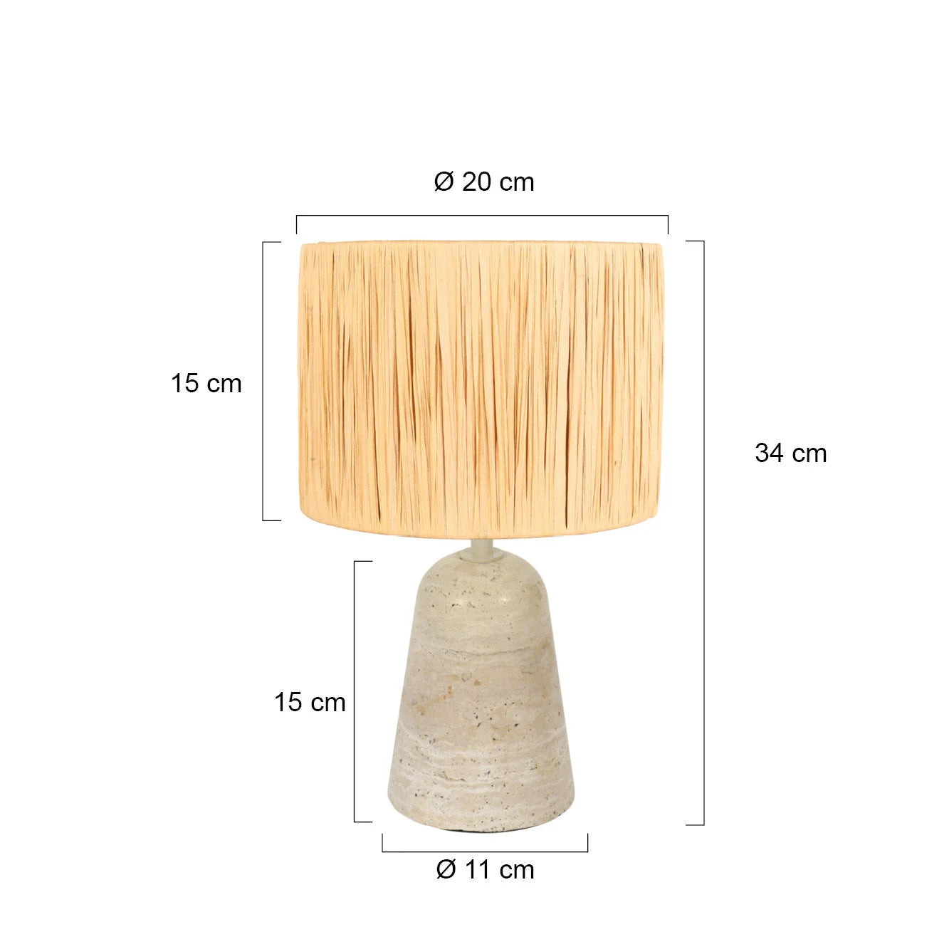 Lampe de table beige en travertin texturé et paille naturelle, H34 cm