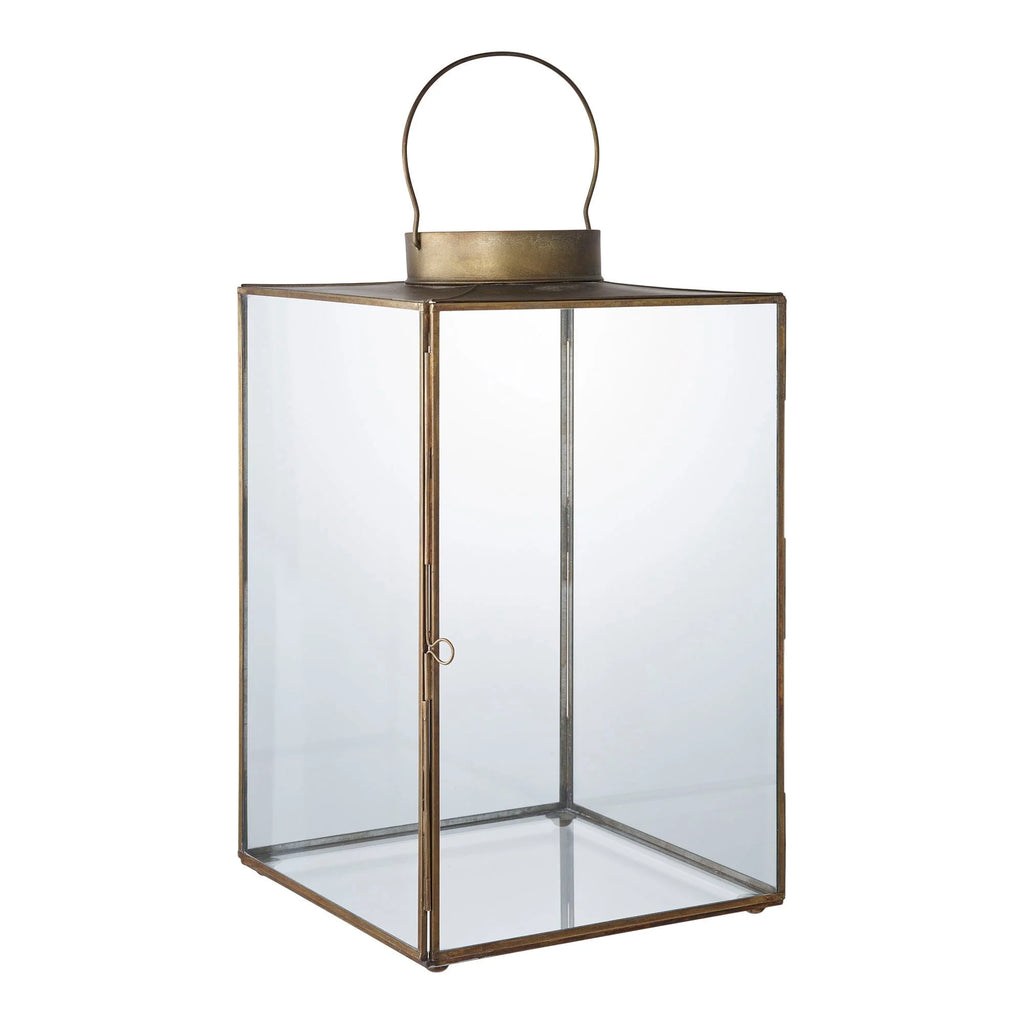 Lanterne en laiton vieilli et verre transparent avec anse, H42 cm