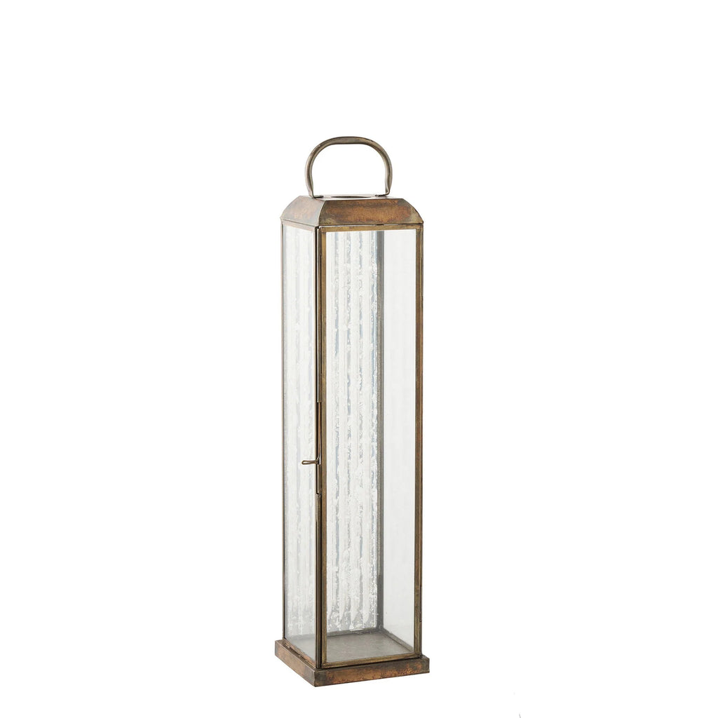 Lanterne en métal vieilli et verre strié avec anse – H49 cm