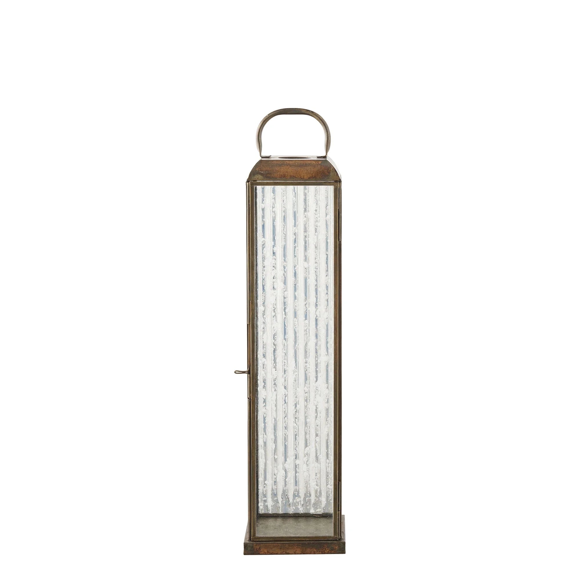 Lanterne en métal vieilli et verre strié avec anse, hauteur 49 cm