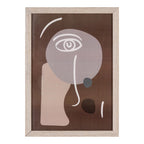 Portrait abstrait en cadre bois clair, lignes blanches minimalistes sur tons beige-marron