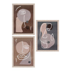 Lot de 3 cadres en MDF et verre, visages abstraits tons terre