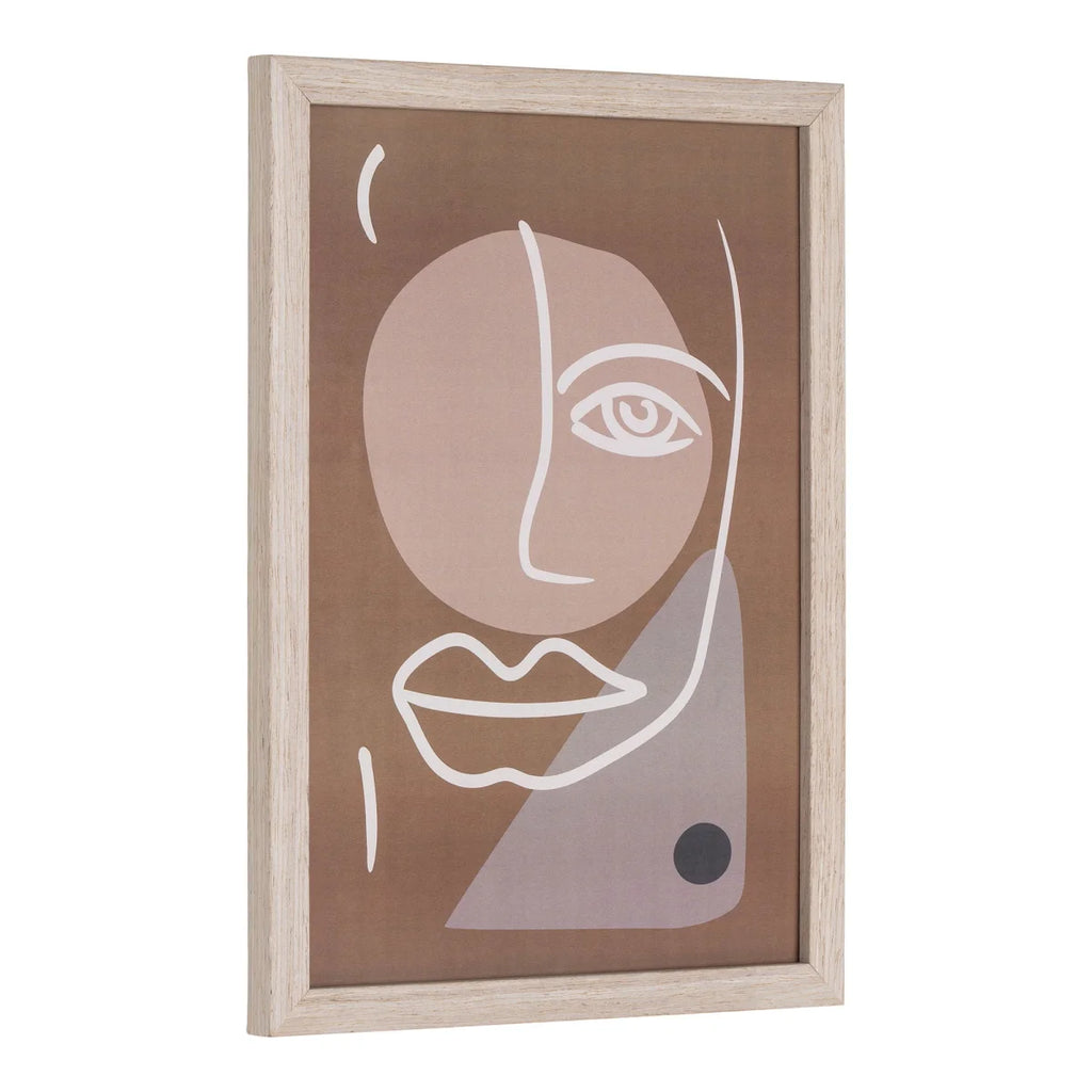 Portrait abstrait minimaliste cadre bois clair beige marron œil lèvres formes géométriques