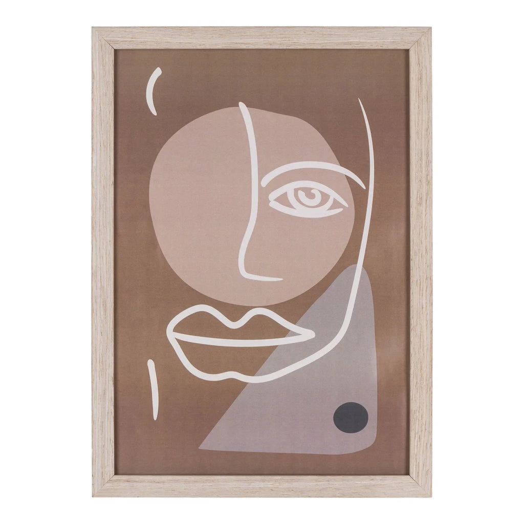 Portrait abstrait minimaliste en cadre bois naturel, œil et lèvres en lignes blanches