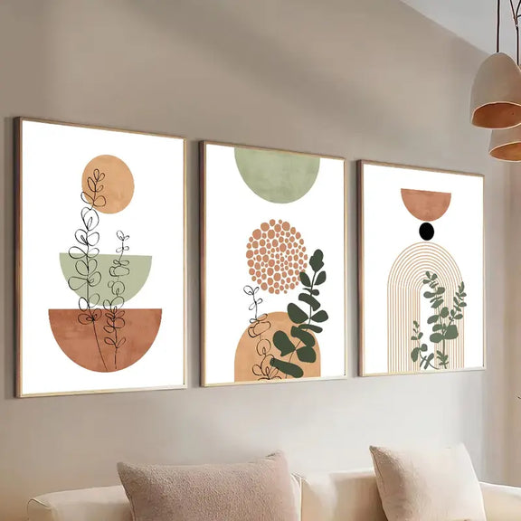 Lot de 3 tableaux boho avec motifs géométriques et botaniques, décoration murale de salon.