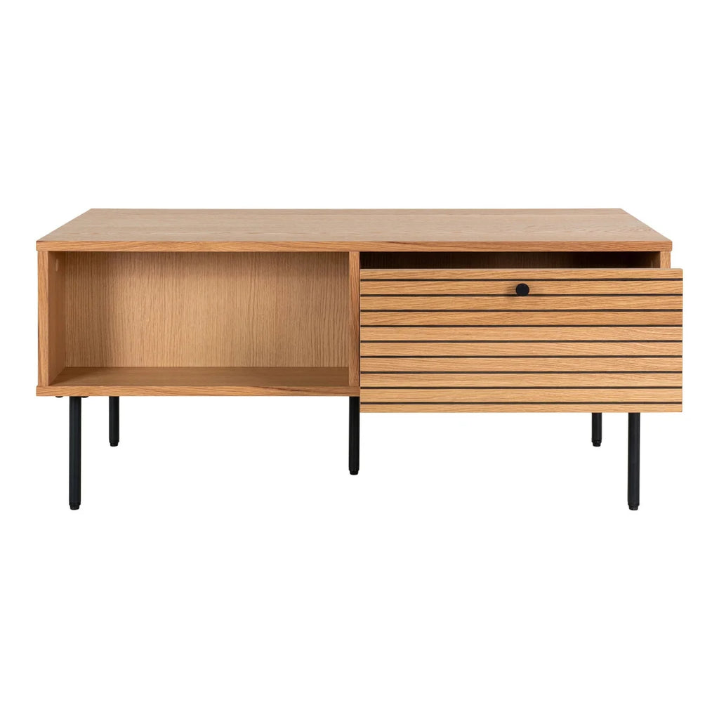Meuble TV bas en bois clair 100x50 cm avec tiroir à lattes et niche
