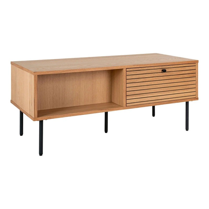 Meuble TV bas en bois clair avec tiroir à lattes et niche – 100x50 cm