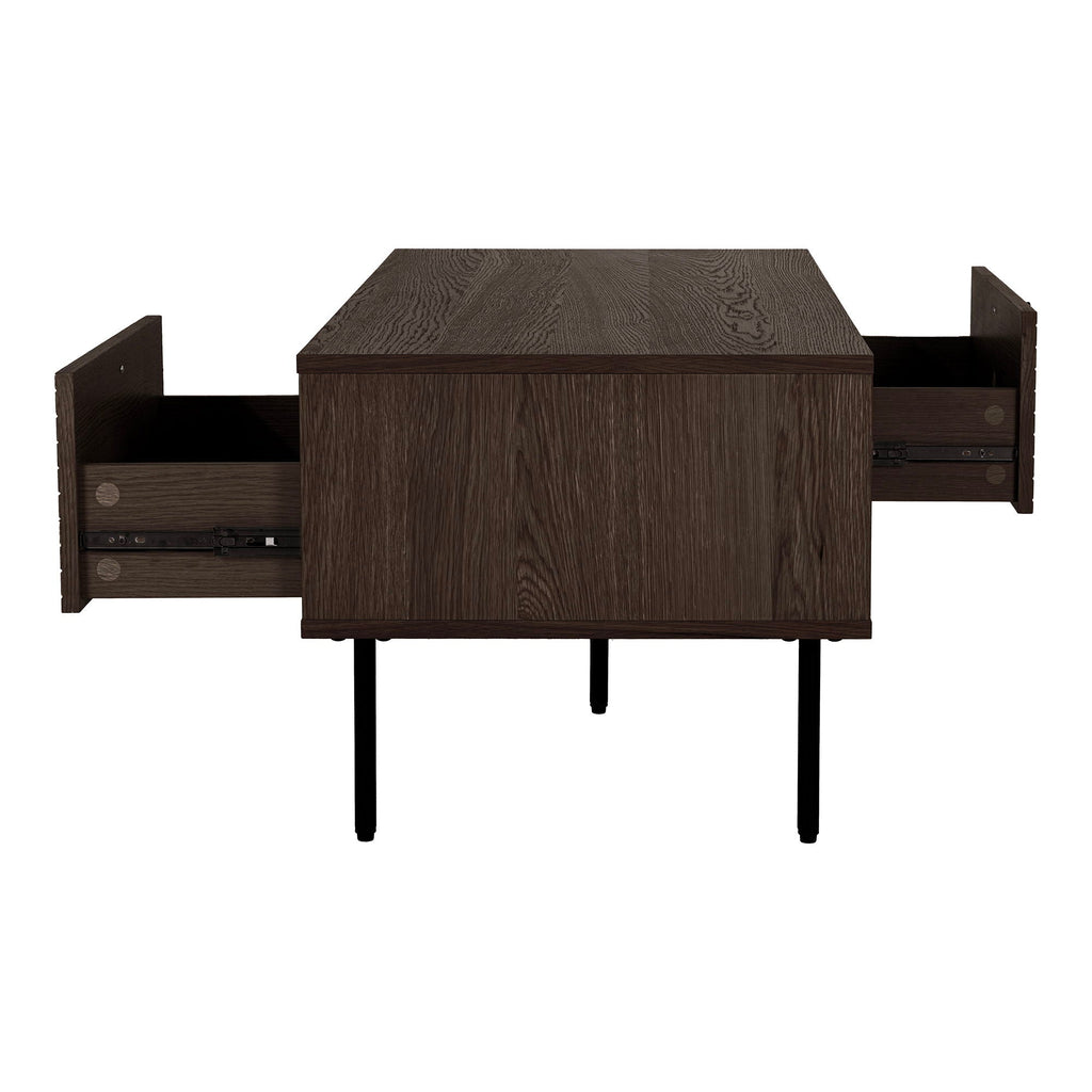 Table basse en bois fumé et métal noir avec niche et lattes, 100x50 cm