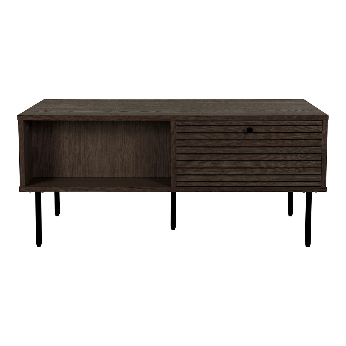 Table basse en bois fumé et métal noir avec lattes, 100x50 cm