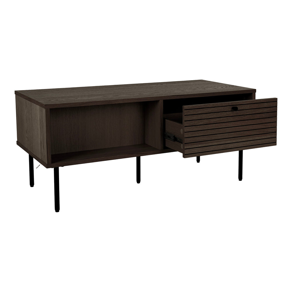 Table basse en bois fumé moderne avec façade à lattes et pieds en métal noir