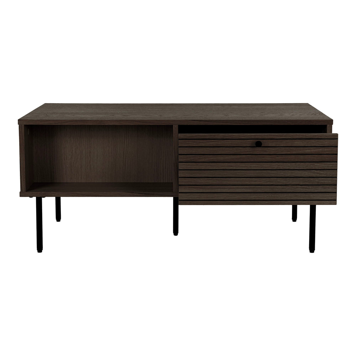 Table basse en bois fumé et métal noir avec niche et lattes, 100x50 cm