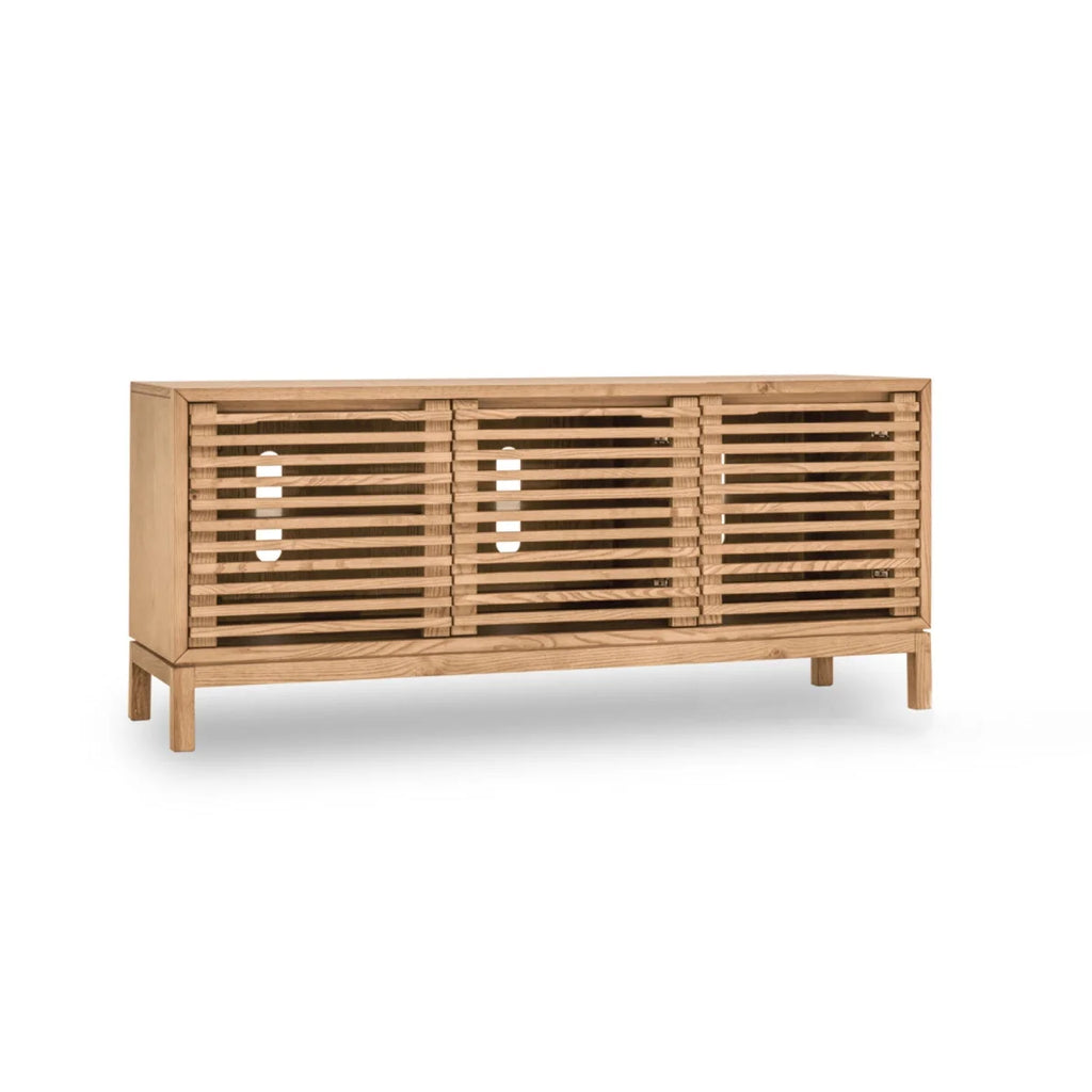 Meuble TV en bois clair à lattes ajourées, 124x46 cm