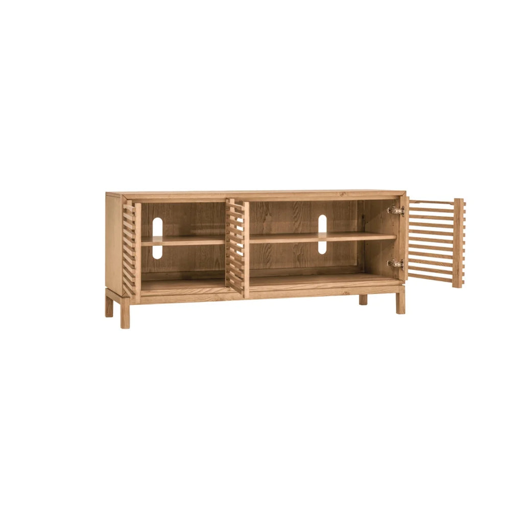 Meuble TV en bois clair à lattes ajourées, 124x46 cm