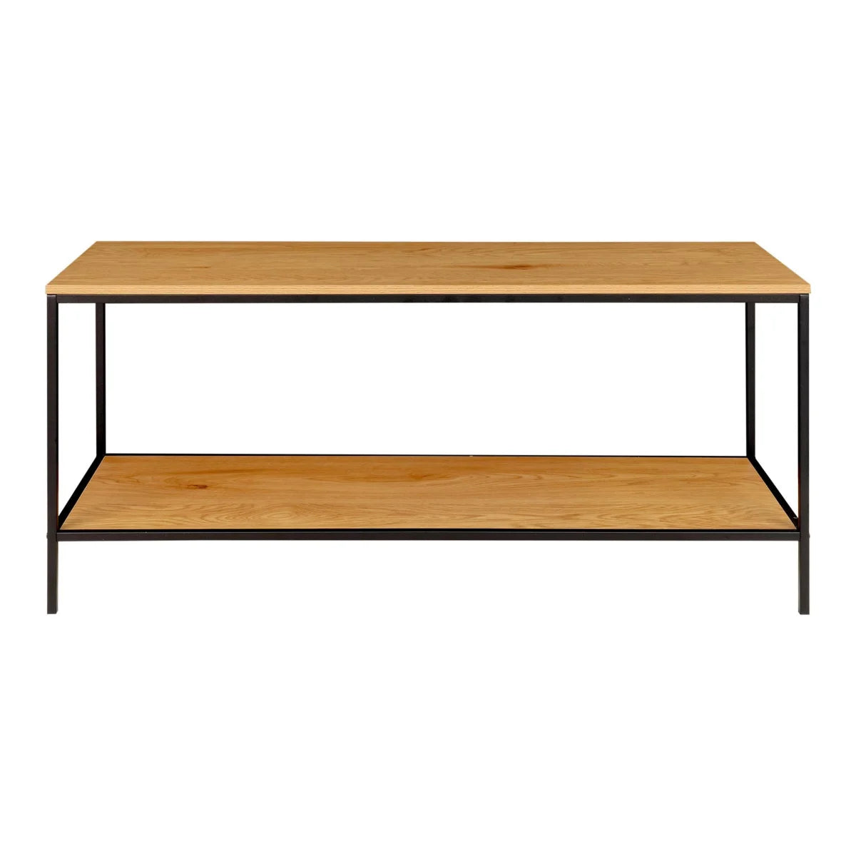 Table basse à deux niveaux en bois naturel et métal noir avec étagères