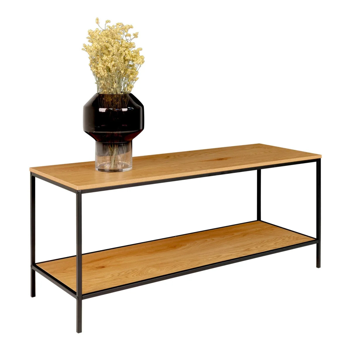 Console en bois naturel et métal noir avec vase, dimensions 100x36 cm