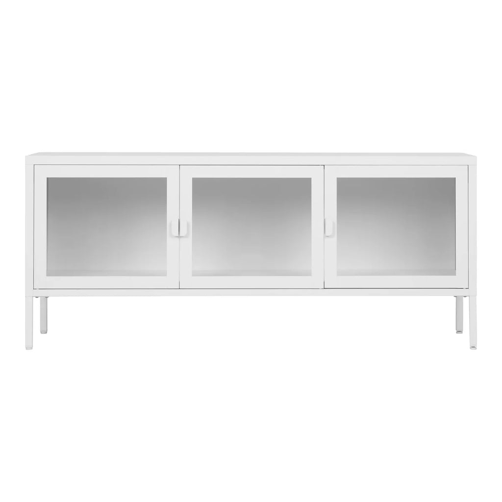 Meuble TV blanc moderne en métal avec 3 portes vitrées, 130x40 cm