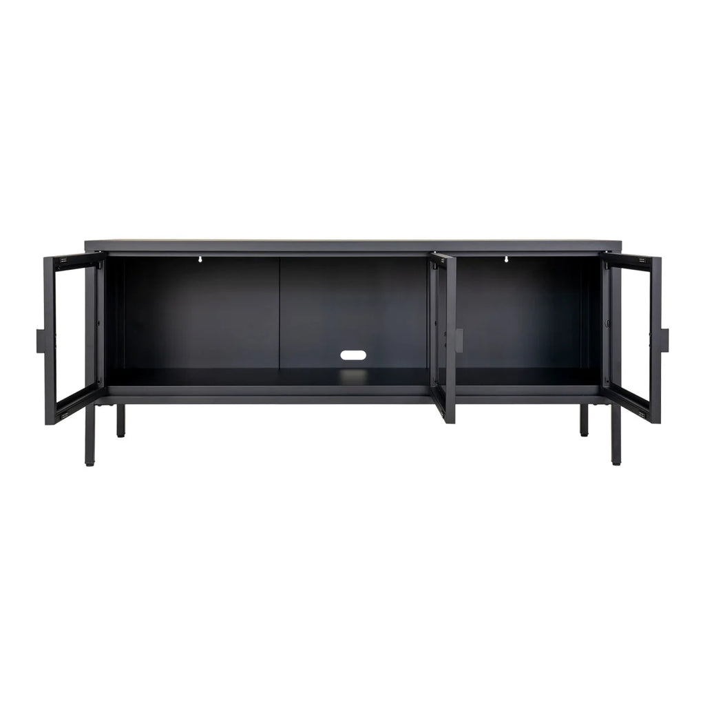 Meuble TV métal noir 3 portes vitrées 130x40 cm salon