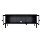 Meuble TV métal noir 3 portes vitrées 130x40 cm salon