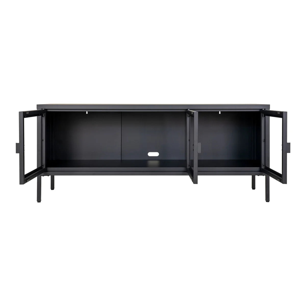Meuble TV métal noir 3 portes vitrées 130x40 cm salon