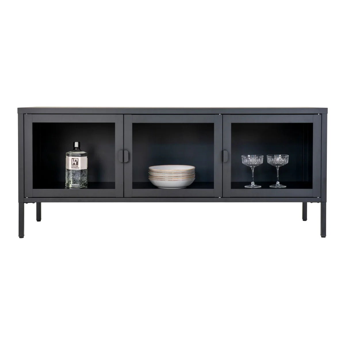 Meuble TV en métal noir moderne avec 3 portes vitrées, 130x40 cm