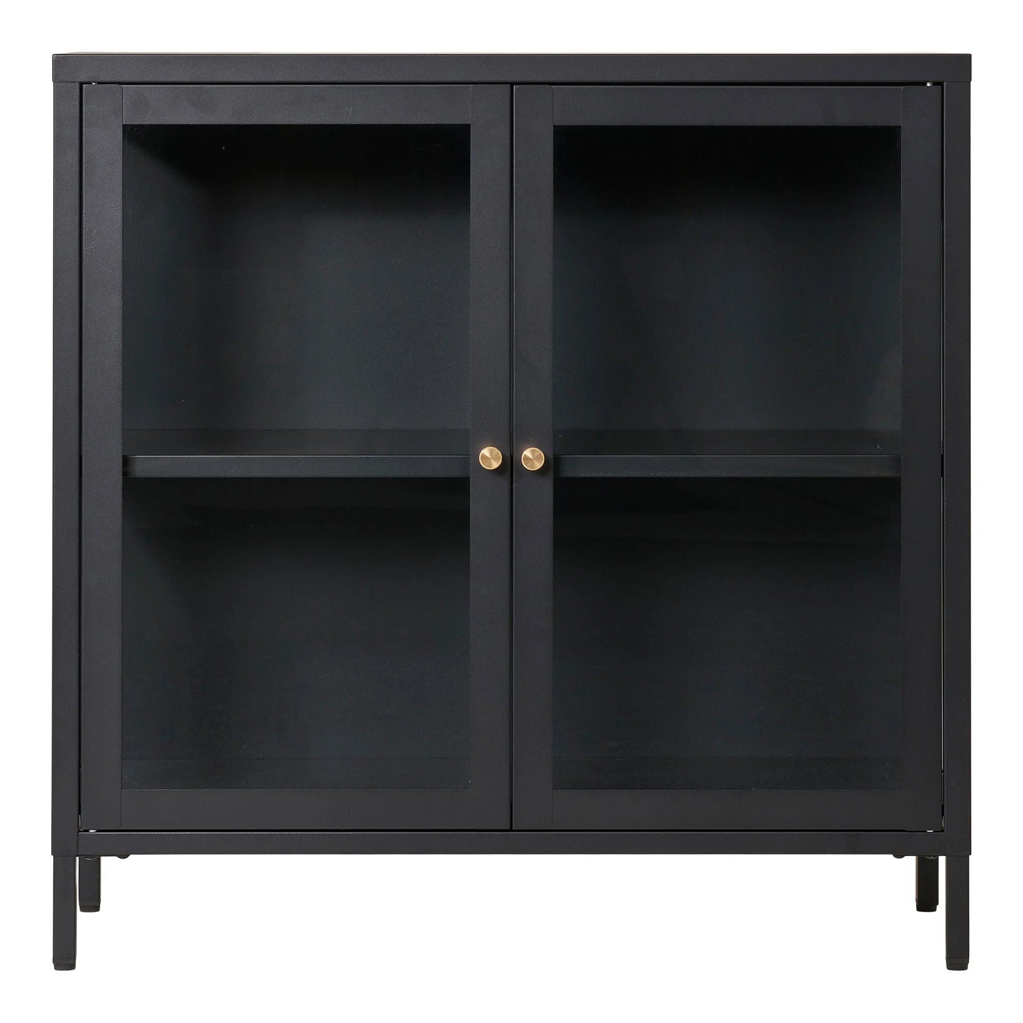 Meuble vitrine en métal noir et verre avec poignées dorées 80x35 cm