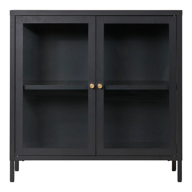 Meuble vitrine en métal noir et verre avec poignées dorées – 80x35 cm