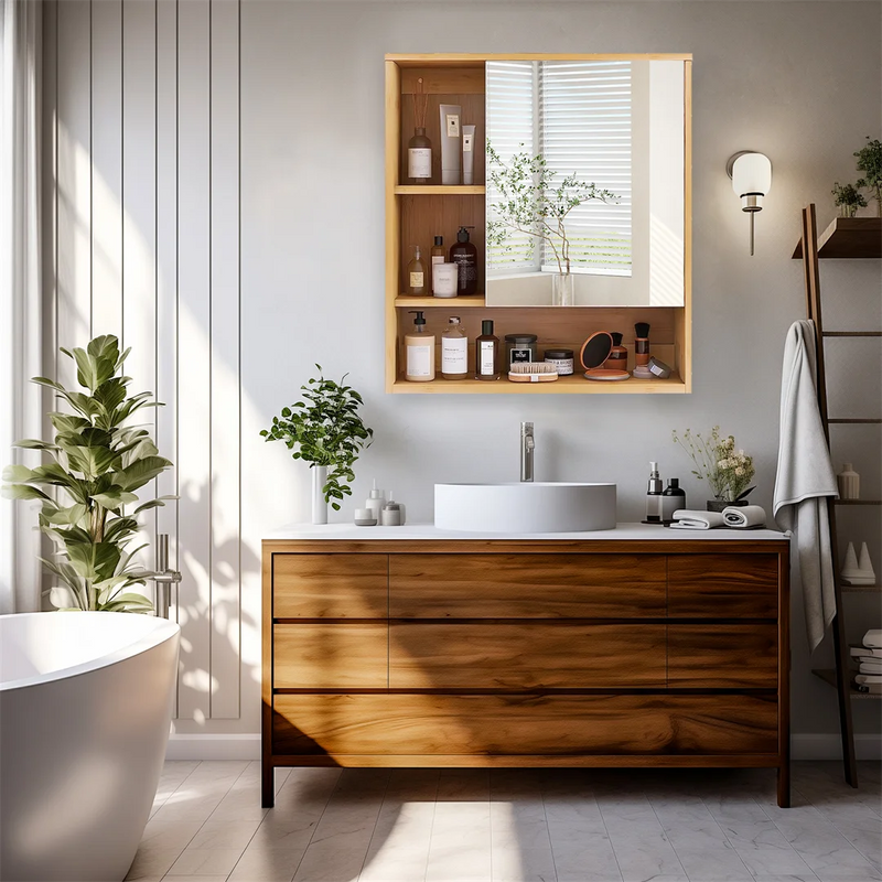 Miroir bois étagère installé dans une salle de bain