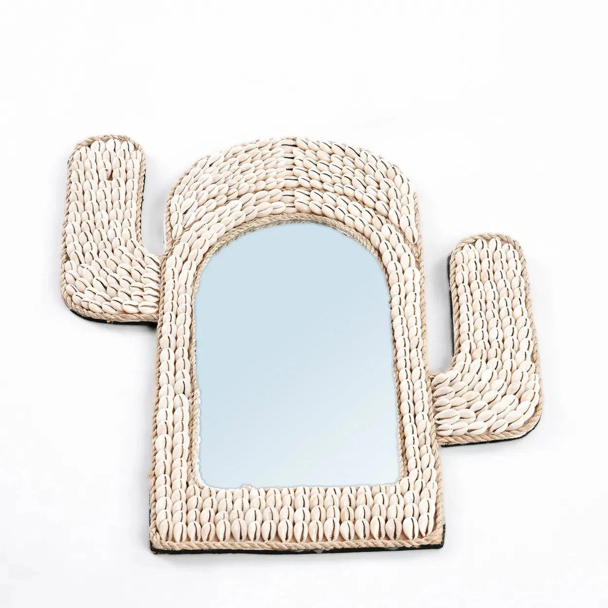 Miroir mural cactus en coquillages cauris blancs, 40x38 cm, beige tressé