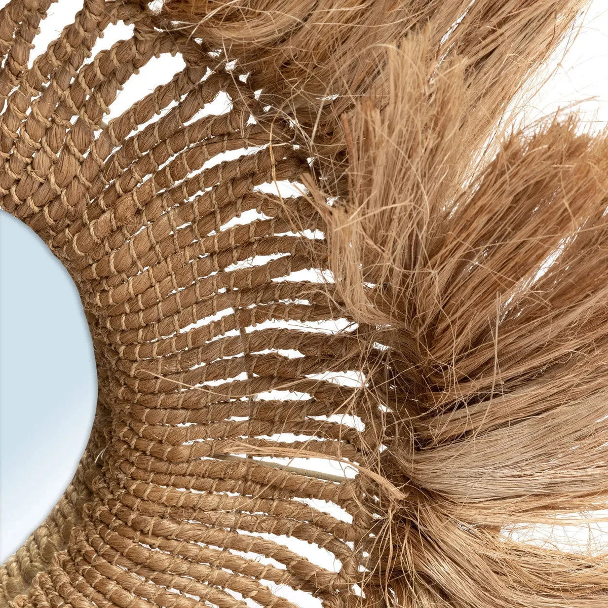 Miroir mural rond en abaca tressé bordure frangée naturel – Ø25 cm
