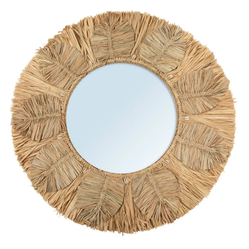 Miroir mural rond en raphia naturel et coquillages 60 cm