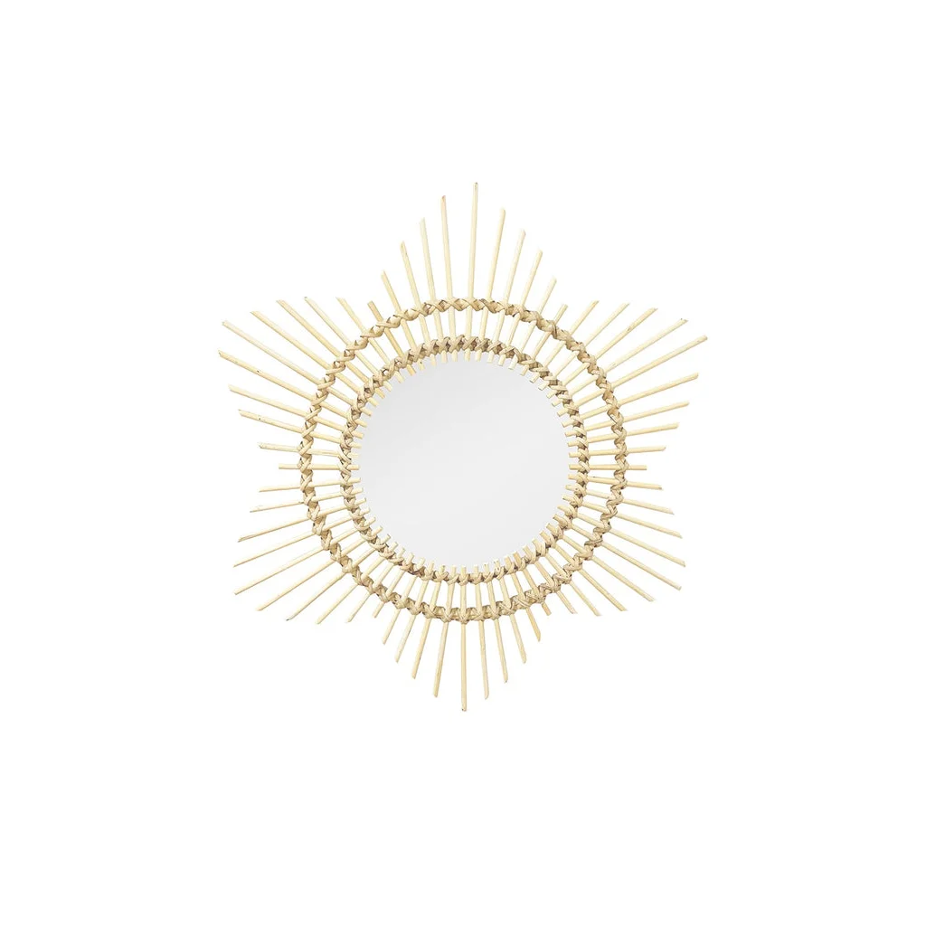 Miroir mural rond avec cadre en rotin motif soleil de 70 cm de diamètre