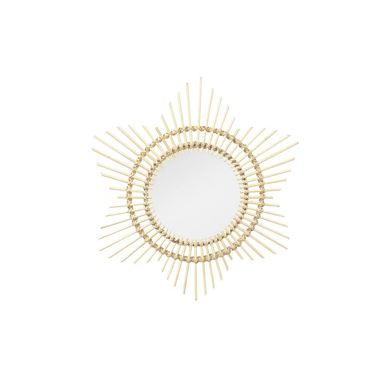 Miroir mural rond en rotin motif soleil – Ø70 cm