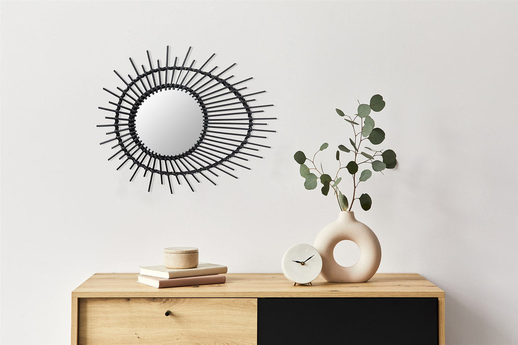 Miroir mural rond en rotin noir motif œil solaire Ø58 cm
