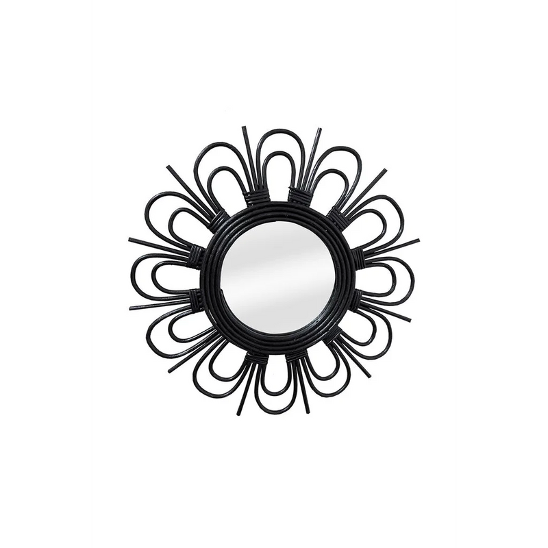 Miroir mural rond en rotin noir motif pétales – Ø43 cm