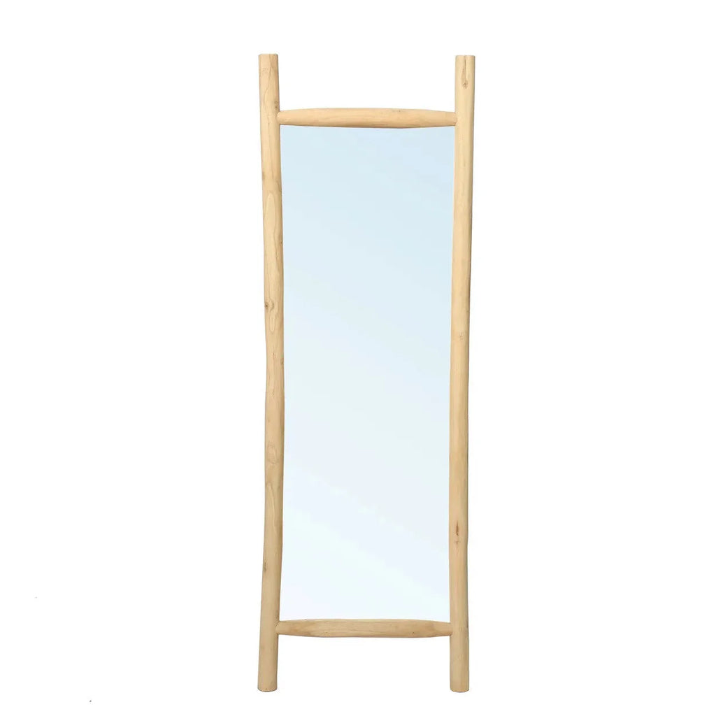 Miroir sur pied en teck naturel avec cadre en bois clair pour chambre 170 cm