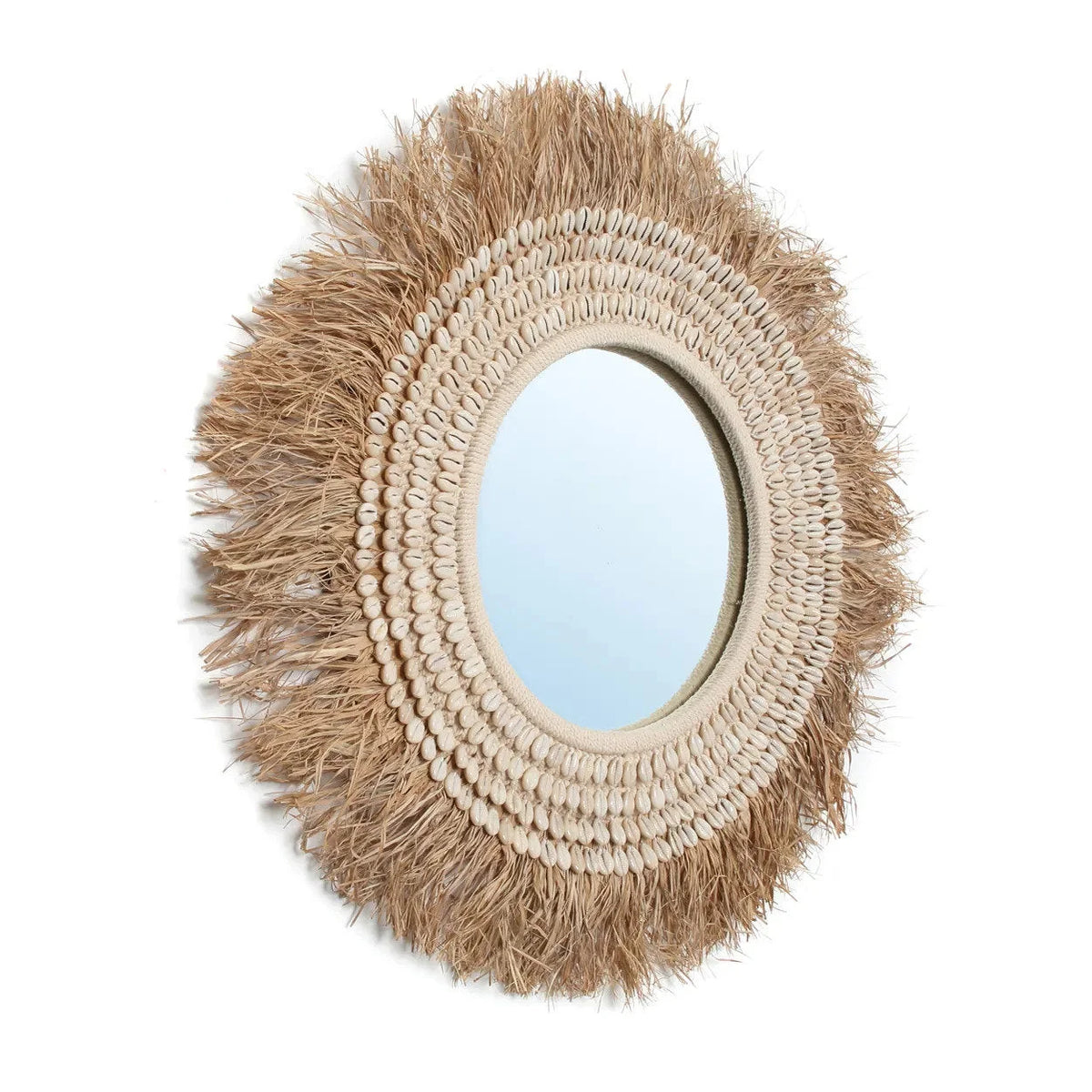 Miroir rond 75 cm en raphia avec cadre en coquillages naturels blancs