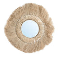 Miroir rond 90 cm avec cadre en herbe naturelle tressée et bordure à franges