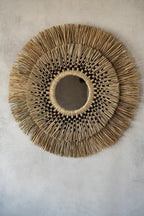 Miroir rond décoratif avec cadre en fibres naturelles et coton noir 70 cm artisanat