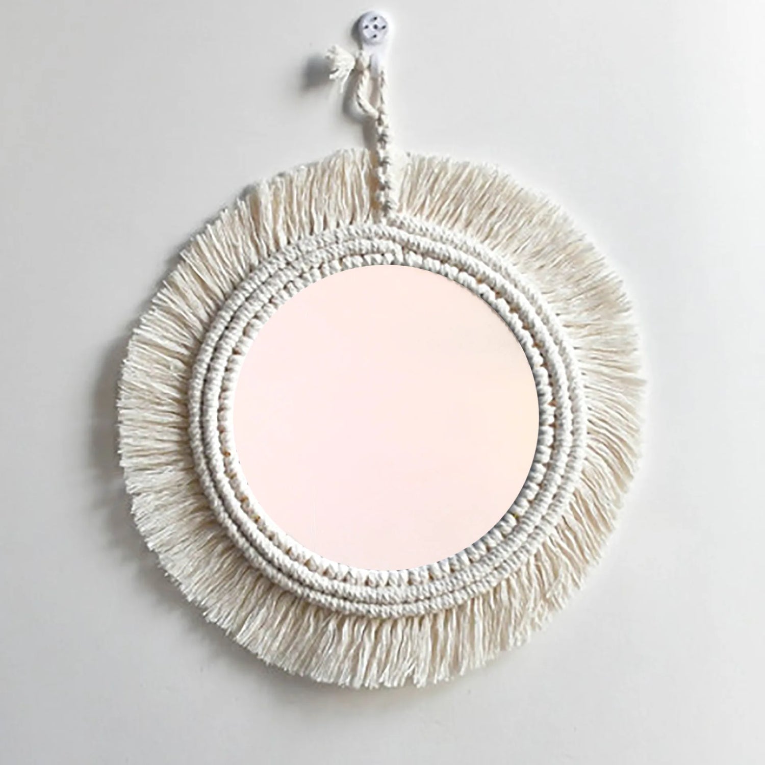 Miroir rond macramé blanc