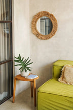 Miroir rond en raphia naturel 60 cm avec cadre à franges, artisanat indonésien